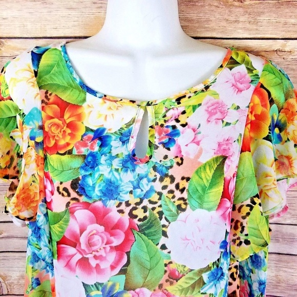 Animal Print Floral Chiffon Blouse M Flutter - Picture 1 of 8